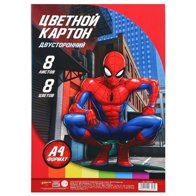 Цветной картон, А4, 8 листов, 8 цветов, немелованный, двусторонний, в пакете, 180 г/м², «Человек-паук»