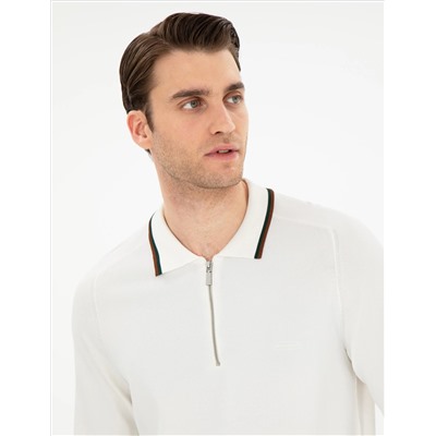 Ekru Slim Fit Zippered polo yaka sipe Смешанный вязаный свитер