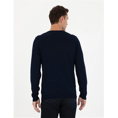 Navy Blue Slim Fit Bike Worke Wool Смешанный базовый вязаный свитер