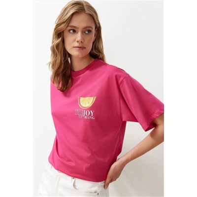 Fuchsia Pink 100 %хлопок обратно и предварительно напечатанный негабаритный/повседневный вязаный вязание футболка Twoss24ts00233