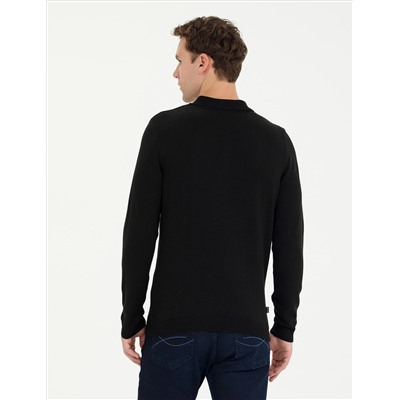 Black Slim Fit Polo yaka Basic Knitwear Kazakh