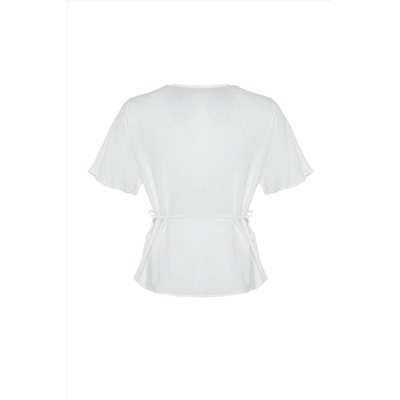Ecru Weaving v -neck -связывающая блузка TBBSS22BZ0753