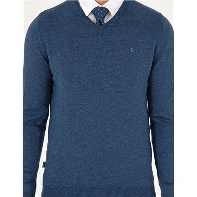 Indigo melanj Slim Fit v Neck Basic вязаный свитер