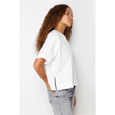 Ecru 100 %Cotton Cut and Slip Подробный негабаритный/повседневная режущая вязаная футболка Twoss24ts00027