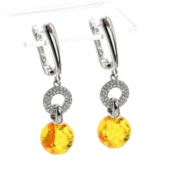 Серьги Шарики из янтаря с фианитами 10мм цв.лимонный, 2см, 4,4г