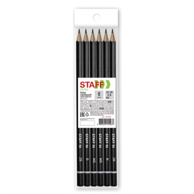Карандаши чернографитные STAFF "College" BLP-254, НАБОР 6 шт., 2H-2B, черный корпус, 181254