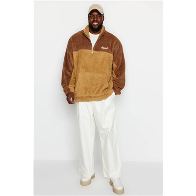 Camel Unisex Большой размер негабаритный/широкий цветовой блок, вышитая плюшевая толстовка Tmnaw24ao00015