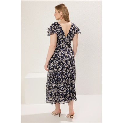Яговый синий цветок Midi Chefon Plowing Big Size Платье TBBSS25AH00132