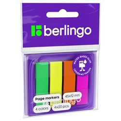 Флажки-закладки Berlingo 45*12мм, 20л*4 неоновых цвета, в диспенсере, европодвес