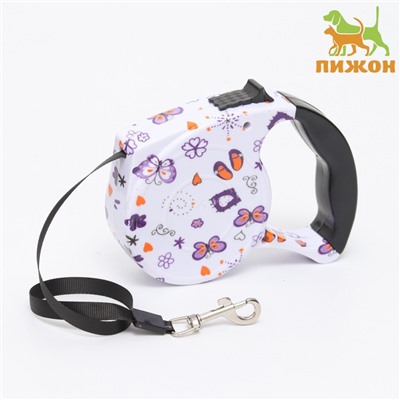 Рулетка с поводком-лентой, резиновая ручка, 5 м, вес животного до 15 кг, узоры на белом