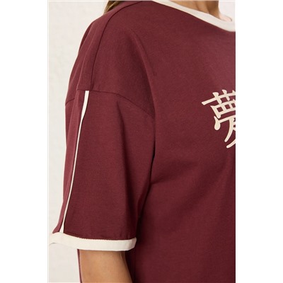 Burgundy Color Block негабаритный/широкий лозунг плесени, вязаная футболка Twoss25ts00068