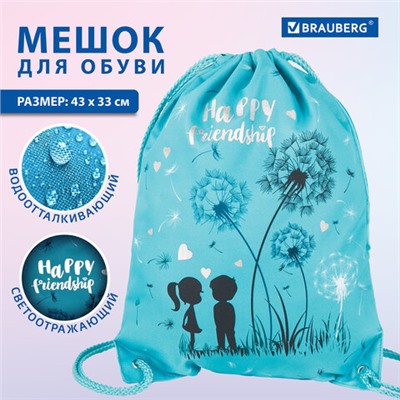 Мешок для обуви BRAUBERG PREMIUM, карман, подкладка, светоотражающие элементы, 43х33 см, "Happy friendship", 270745