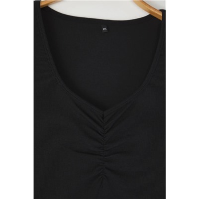 Black v -yaka Shirring Detailed CashCorere Блузя большого размера TBBSS25AF00054