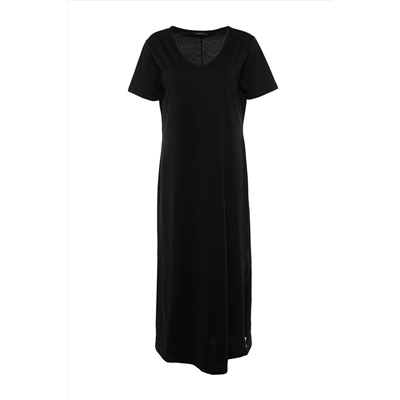 Черное v -v -neck slip maxi/long 100 %хлопковое вязаное платье tbbss22ah0163