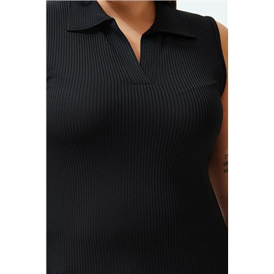 Черный приспособлен/сидит на кузовом воротнике гибкий вязание Big Size Blouse TBBSS24AF00065