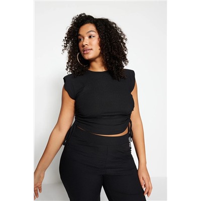 Черные стороны Shirred Homebold вязаная урожая Blought Blouse TBBSS23AF00011