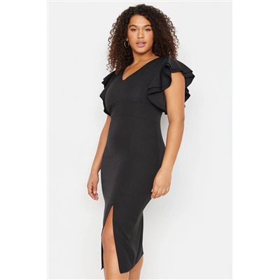 Черное v -neck, сидящее на теле с ткаными руками рюша