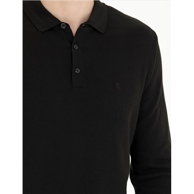 Black Slim Fit Polo yaka Basic Knitwear Kazakh