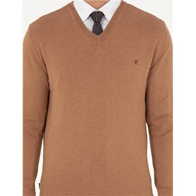Camel Melange Slim Fit V-образный свитер с V-образным вырезом Базовый трикотажный