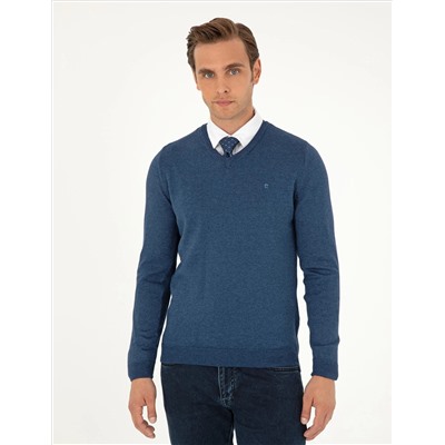 Indigo melanj Slim Fit v Neck Basic вязаный свитер