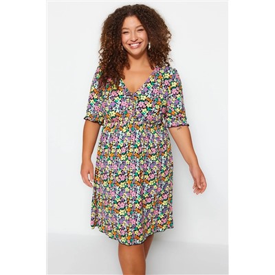 Multi -Color Flower Pattern v -neck вязание платья Большого размера TBBSS23AH00158
