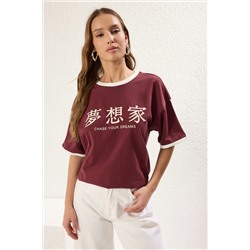 Burgundy Color Block негабаритный/широкий лозунг плесени, вязаная футболка Twoss25ts00068