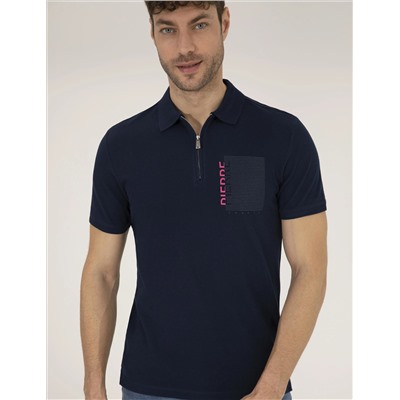 Темно -синий синий тонкий zipper polo yaka t -красавица