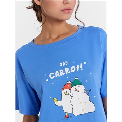 Сорочка ночная женская синяя с принтом и надписью "Say carrot!"