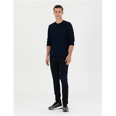 Navy Blue Slim Fit Bike Worke Wool Смешанный базовый вязаный свитер