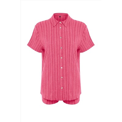 Fuchsia Woven Linen Linen Mixed Shirt Short Beach Set Tbess23au00054