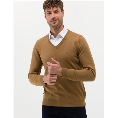Camel Melange Slim Fit V-образный свитер с V-образным вырезом Базовый трикотажный