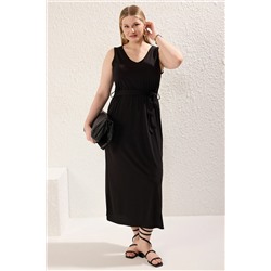 Black Connect Detred Midi V -neck Гибкое вязаное платье TBBSS25AH00015