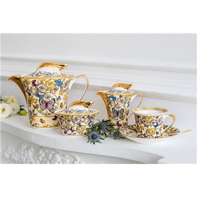 Сервиз чайный, 6 перс, 21 пр, фарфор F, молочно-золотистый, Бабочки, Butterflies, 61006