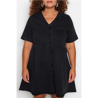 Anthracit открылся из талии/фигуриста V -Neck Denim Dress TBBSS23AH00078