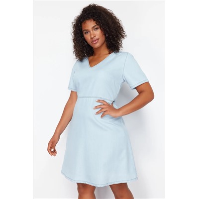 Голубое v -neck mini denim denim tbbss24ah00157