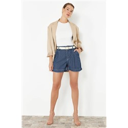 Темно -синий 100 %Tencel ™ Плиссированные джинсовые шорты с высокой талией twoss24sr00126