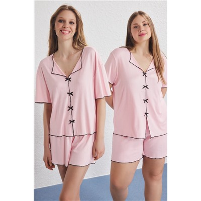 Pink V -NECK RIBBON/BOW DETHALL DETATION DITTION PAJAME SET TBBSS25AI00116