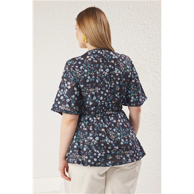Blue Flower Patchered Cruve Curve Gipe детально вязание блузки большого размера TBBSS25AF00083