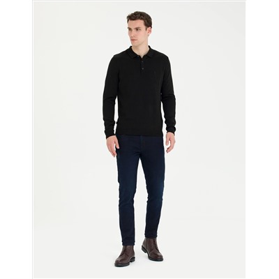Black Slim Fit Polo yaka Basic Knitwear Kazakh