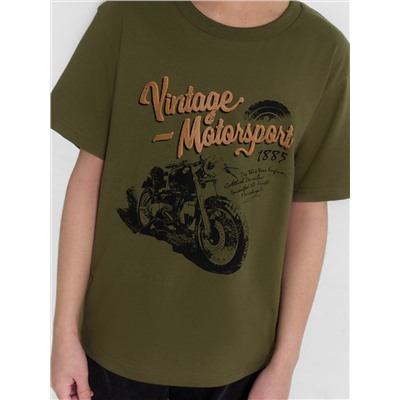 Футболка для мальчиков зеленая с принтом и надписью "Vintage motosport"