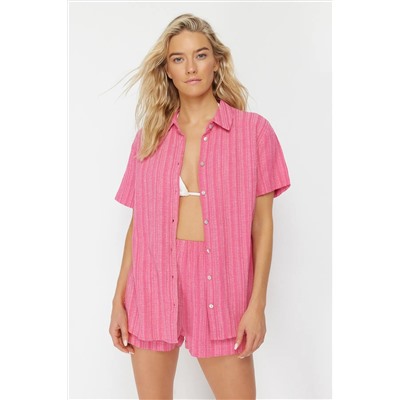 Fuchsia Woven Linen Linen Mixed Shirt Short Beach Set Tbess23au00054
