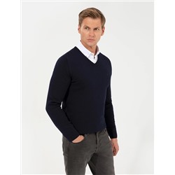 Темно -синий Slim Fit V Шея Основной вязаный свитер