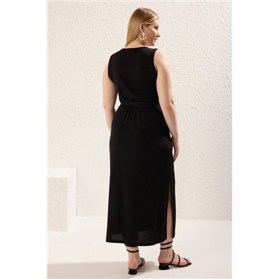 Black Connect Detred Midi V -neck Гибкое вязаное платье TBBSS25AH00015
