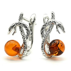 Серьги Змей 9*19мм с янтарём цв.коньячный, 3,3г