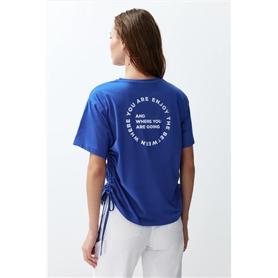 Saks 100 %хлопок обратно отпечатано Shirred негабаритный/широкий нарезанный велосипедный воротник футболка Twoss23ts00150