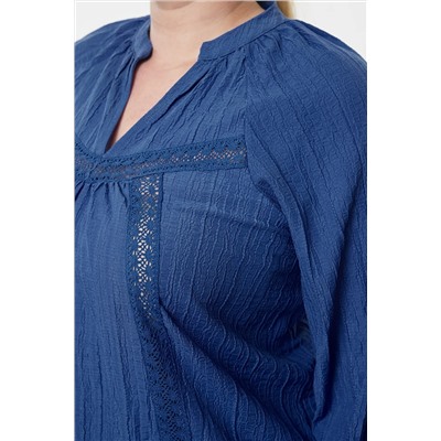Indigo V -neck с длинным рукавом тканой блузки большого размера TBBAW25AF00023