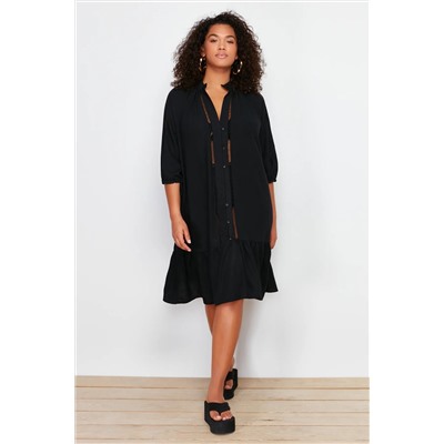 Black V -Neck Юбка Конец Кнопка Кнопка Подробное пляжное платье большого размера TBBSS24AH00100