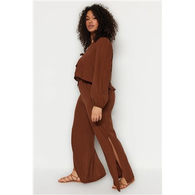 Brown Slip подробный высокий Laral Bürümcük Wide Paja Beach Clothing Plants Tbbss23ar00012