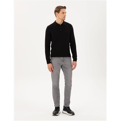 Black Slim Fit Polo yaka Basic Knitwear Kazakh