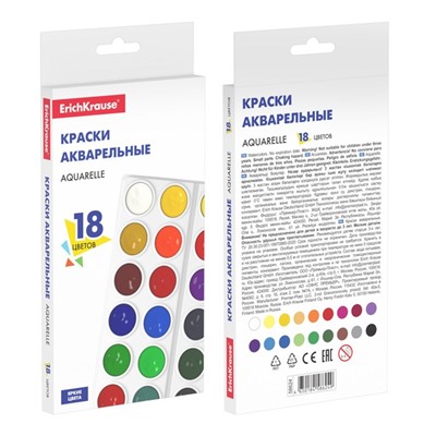 Акварель 18 цветов, ErichKrause Basic, без кисти, эконом, картонная коробка с европодвесом